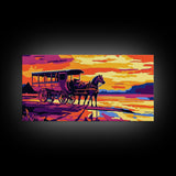 Horse carriage, old west, sunset scene, rustic western art, nostalgic painting, moody colors, extra wide wall art, canvas print