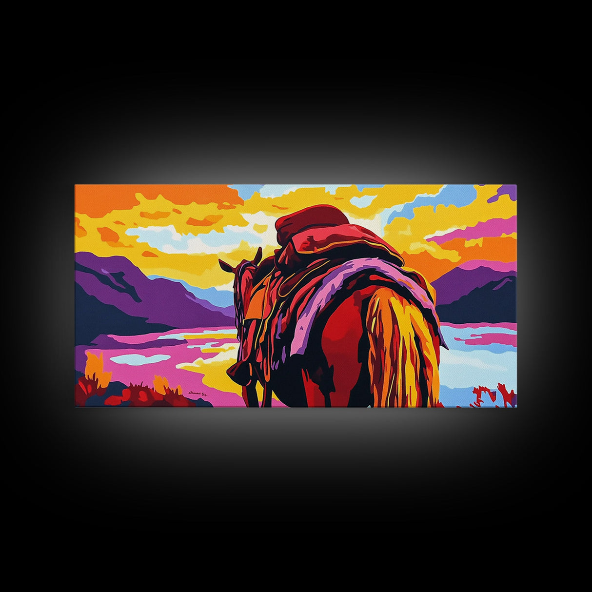 Pack horse, rugged adventure, cowboy aesthetic, mountain sunset, rustic decor, extra wide art, nostalgic western, framed canvas print