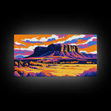 Mesa, desert sunset, southwest decor, extra wide wall art, western landscape painting, panoramic painting, framed canvas print