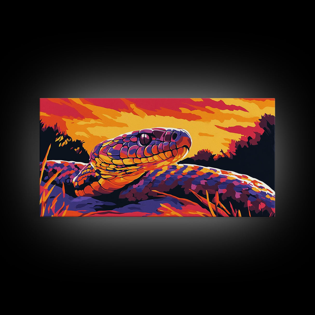 Snake Sunset, wildlife art, moody art, rustic decor, geometric wall art, southwest wall art, panoramic art, Framed Canvas Print, gift idea