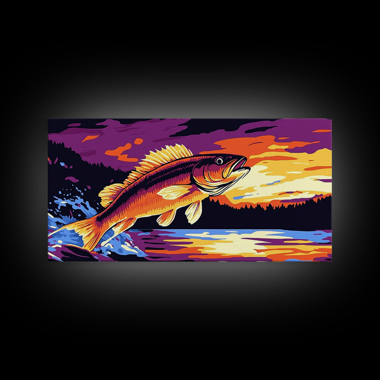 Jumping Bass, Fly Fishing Art, Rustic Decor, Horizontal Wall Art, Landscape Painting, Framed Canvas Print, Above Couch Art, Nautical Decor