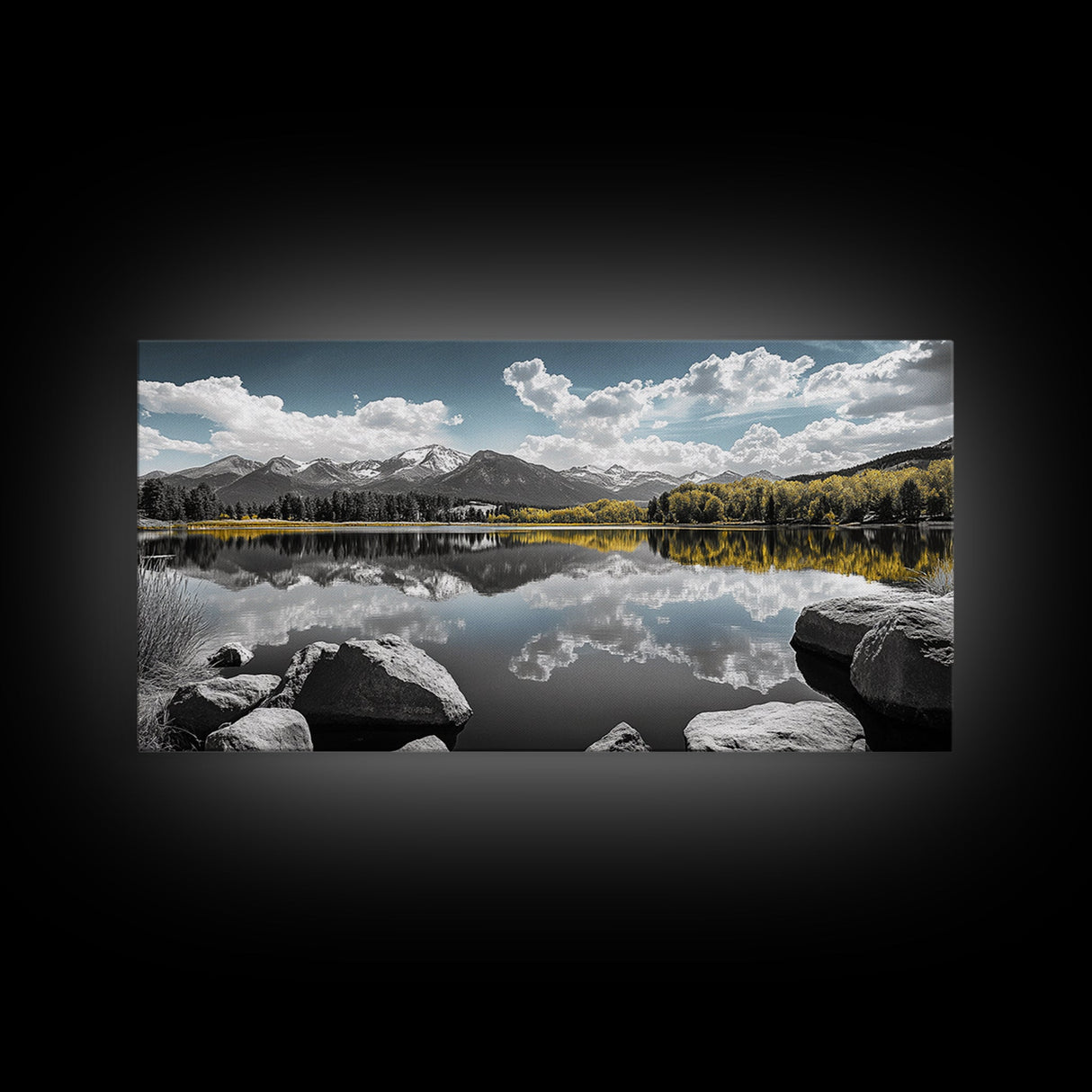 Majestic Lake Reflection Canvas Print Landscape Painting Mountain Painting Nature Wall Art Bedroom Art Extra Wide Panoramic Art