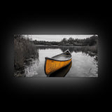 Rustic Canoe on Lake, coastal landscape art, lake Tahoe art, wabi sabi wall art, extra wide art, nautical decor, rustic art, Framed Canvas Print