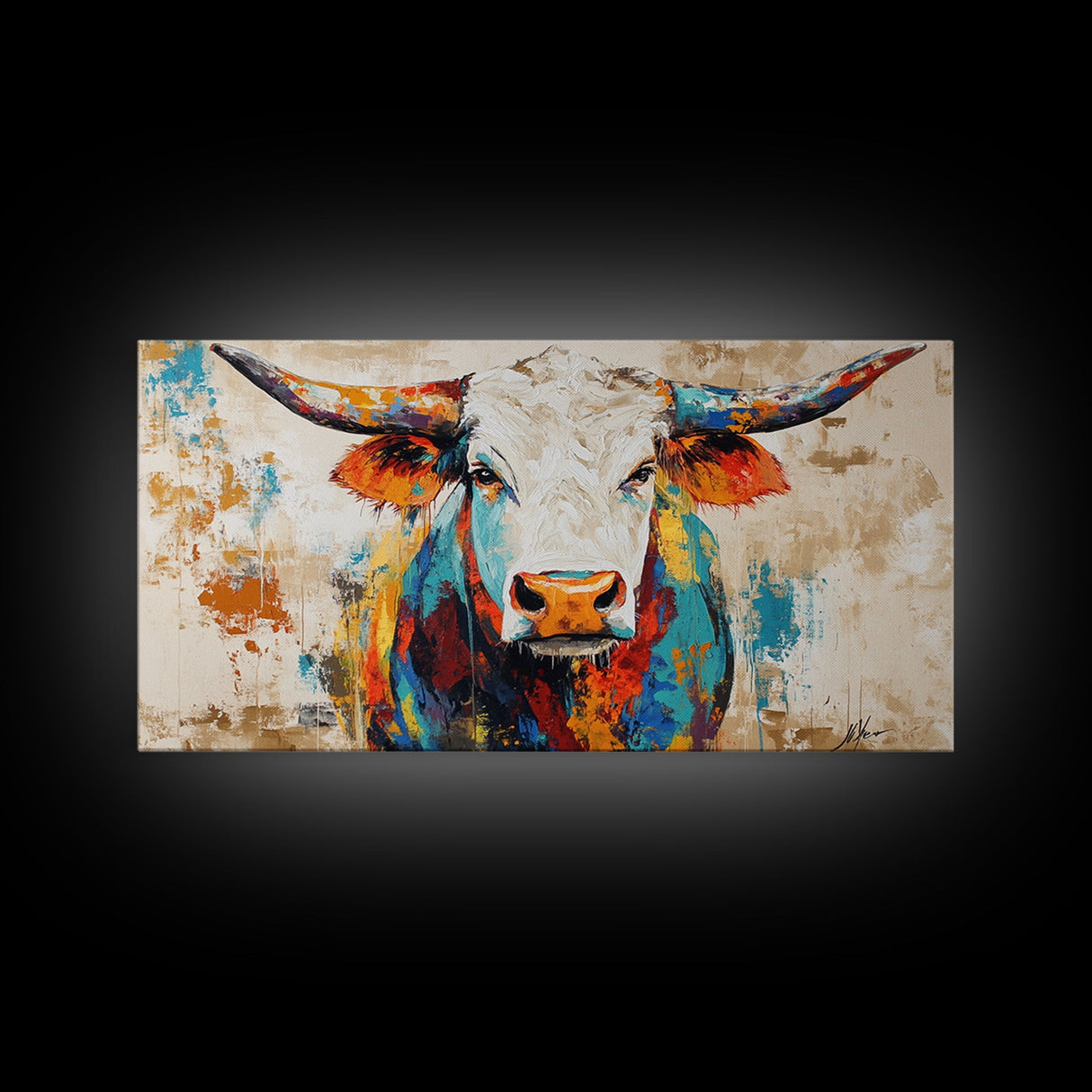 Vibrant Bull Art, rustic decor, extra wide art, farmhouse art, bold color wall art, southwestern painting, framed canvas print, modern rustic art