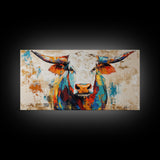 Vibrant Bull Art, rustic decor, extra wide art, farmhouse art, bold color wall art, southwestern painting, framed canvas print, modern rustic art