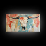 Longhorn Skull Art, southwest wall art, boho art, rustic decor, skull art, extra wide art, wabi sabi art, framed canvas print, farmhouse art