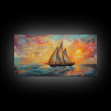 Sailboat at Sunset, nautical painting, coastal decor, seascape painting, beach house art, extra wide art, oil painting, canvas print