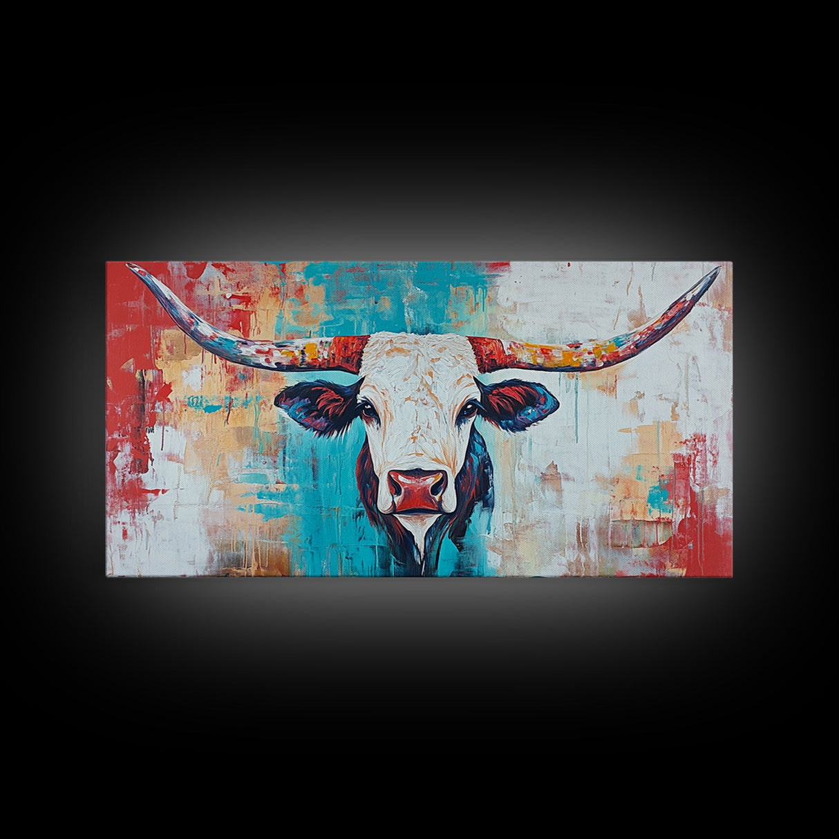 Colorful Longhorn Art, rustic wall art, farmhouse art, southwest wall art, bold animal painting, extra wide art, canvas print, wabi sabi art