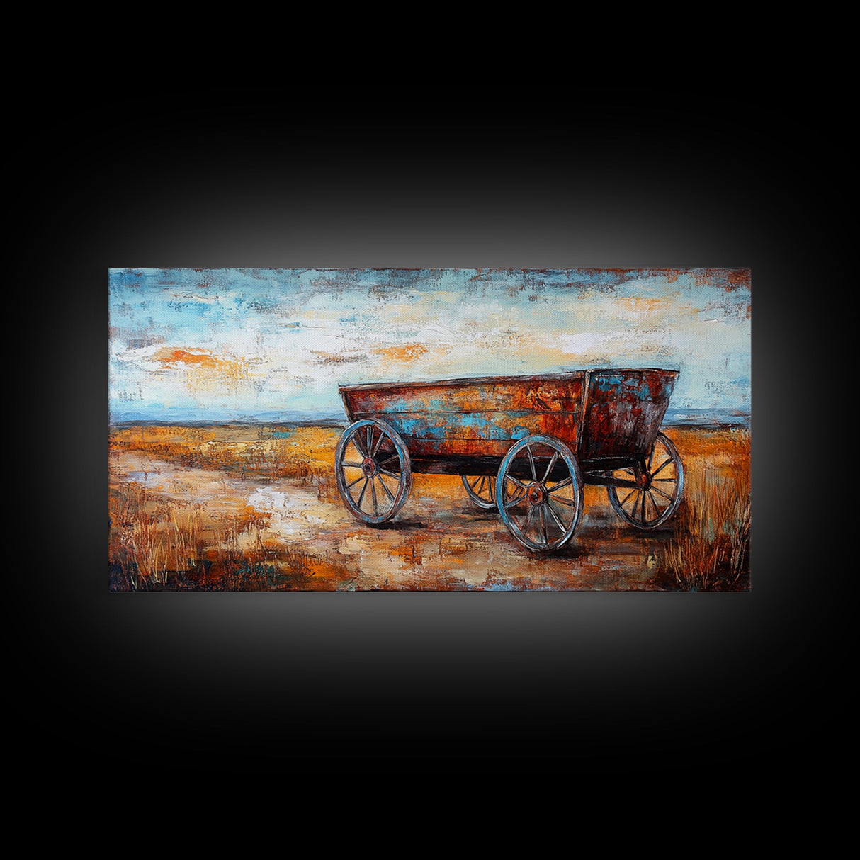 Rustic Wagon, Western Landscape, Farmhouse Art, Southwest Wall Art, Vintage Horse Art, Extra Wide Art, Horizontal Wall Art, Framed Canvas Print