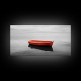 Lone Red Boat, coastal wall art, seascape painting, nautical decor, minimalist art, black and white photography, above couch art, Framed Canvas Print