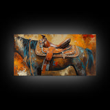 Western Saddle Art, Canvas Print, Rustic Decor, Moody Art, Southwest Wall Art, Extra Wide Art, Above Bed Wall Art, Farmhouse Wall Art