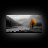 Autumn Tree in Fog, smoky mountain art, pine tree art, wabi sabi art, forest at dusk painting, fall wall art, rustic decor, Framed Canvas Print