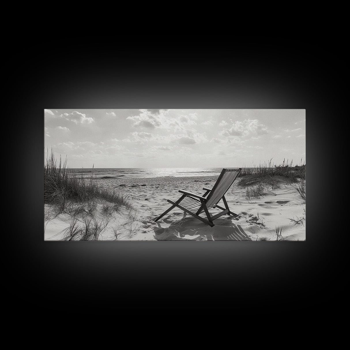 Beach Chair, Coastal Landscape Art, Minimalist Art, Wabi Sabi Art, Ocean View Print, Relaxing Decor, Framed Canvas Print, Nautical Wall Art