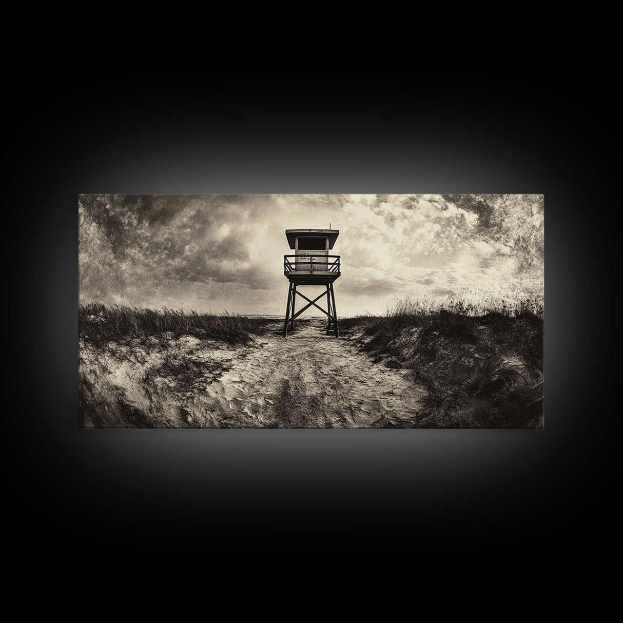 Lifeguard Tower, Coastal Landscape Art, Wabi Sabi Art, Rustic Decor, Moody Art, Nautical Wall Art, Canvas Print