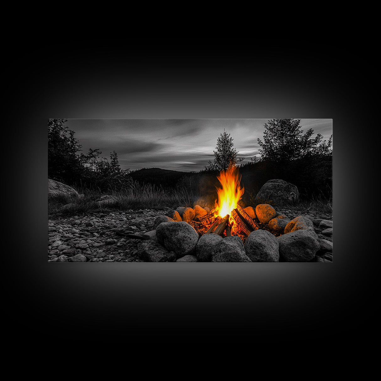 Rustic Campfire Art Framed Canvas Print | Moody Art | Cozy Cabin Wall Art | Above Couch Art | Warm Fireplace Decor | Gift Idea | Fall Wall Art