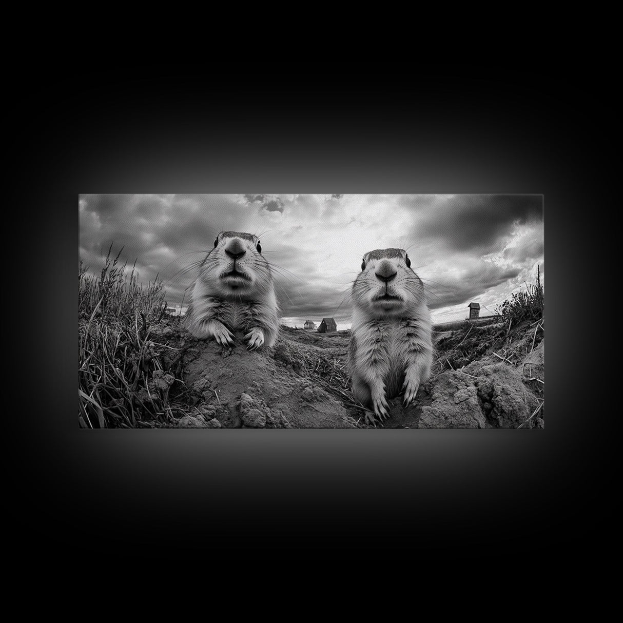 Prairie dogs, whimsical art, rustic wall art, farmhouse art, nature painting, extra wide art, above couch art, framed canvas print