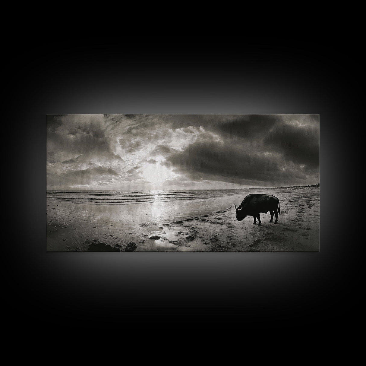 Buffalo, seascape painting, coastal landscape art, rustic decor, farmhouse art, panoramic painting, extra wide art, framed canvas print