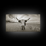 Longhorn, beach, western decor, rustic art, farmhouse art, extra wide art, above sofa art, panoramic painting, framed canvas print
