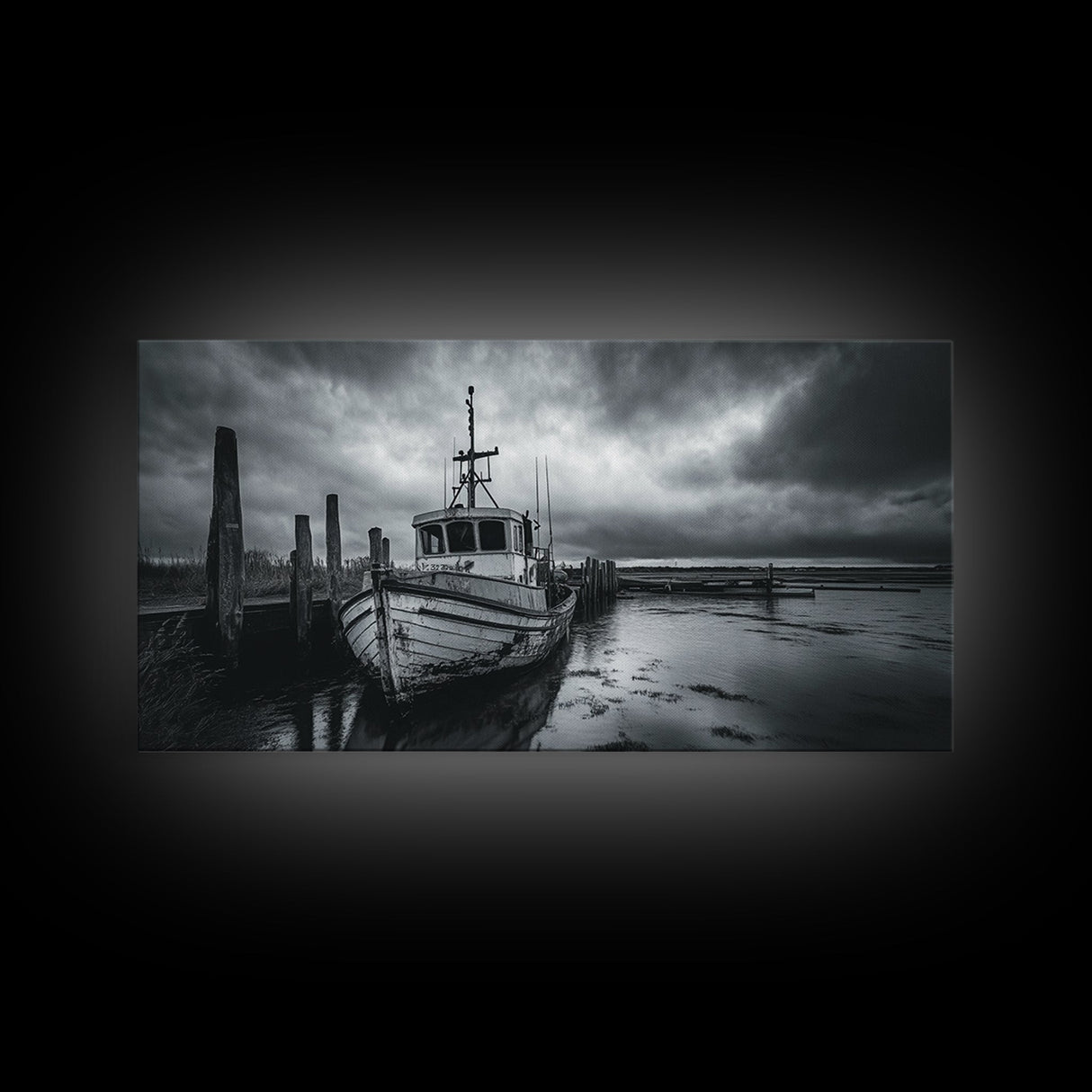 Fishing boat, nautical decor, coastal painting, rustic art, panoramic painting, extra wide art, above sofa art, framed canvas print