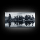 Pine tree reflection, moody art, mountain painting, pine tree art, rustic decor, panoramic art, extra wide art, framed canvas print