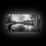 Lake reflection, pine tree art, landscape painting, wabi sabi art, rustic decor, panoramic painting, extra wide art, framed canvas print