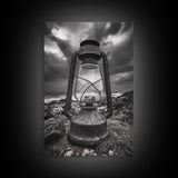Stormy Lantern by the Sea, nautical decor, moody art, seascape painting, coastal painting, rustic wall art, framed canvas print