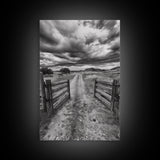 Open Ranch Gate, southwest wall art, moody art, western home decor, rustic art, farmhouse painting, framed canvas print, cowboy aesthetic