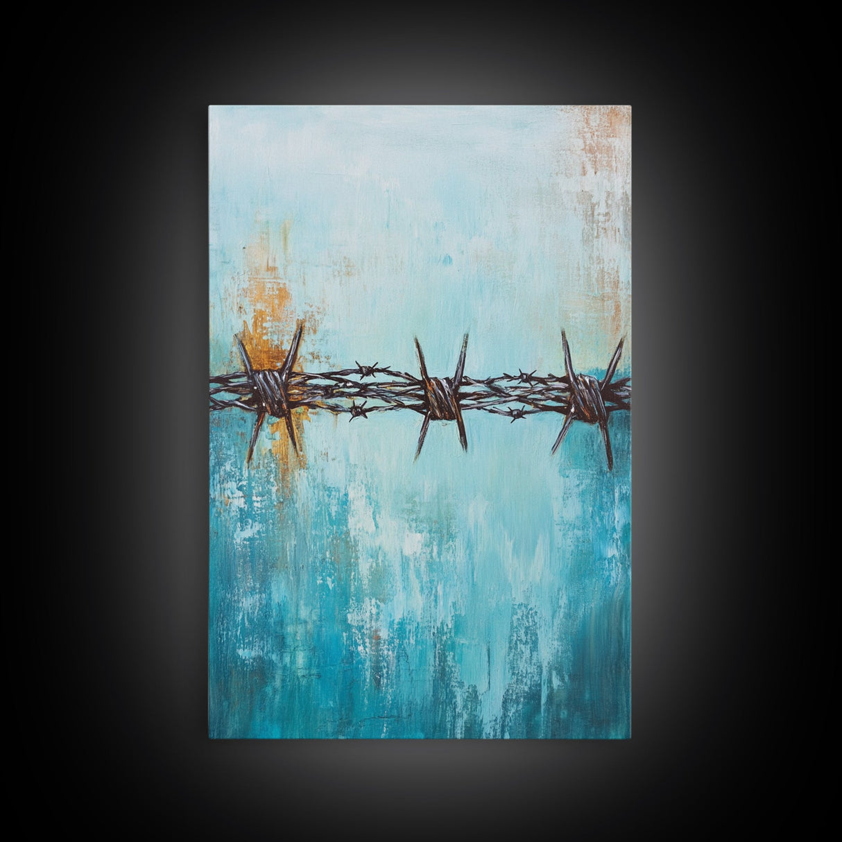 Barbed Wire, southwest wall art, rustic decor, teal wall art, minimalist art, original painting, gift idea for him, canvas print