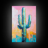 Abstract Cactus Painting, Boho Desert Art, Pink Green Wall Art, Southwest Wall Decor, Framed Canvas Print, Bold Colorful Art