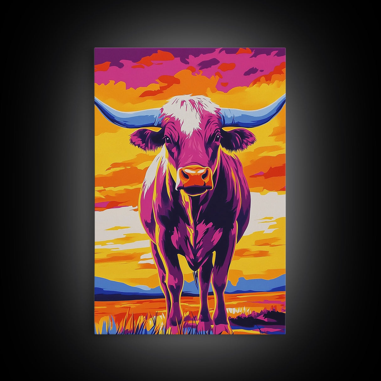 Pop Art Cow, Pink Orange Wall Art, Southwest Wall Art, Canvas Print, Rustic Decor, Farmhouse Art, Living Room Art, Bold Wall Art