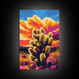Sunset Cactus, Joshua tree art, pink orange wall art, southwest wall art, gift idea for him, extra wide art, bold colors, Framed Canvas Print
