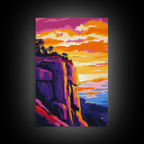 Mountain Cliffs, Southwest Sunset, Canyon Painting, Framed Canvas Print, Pink Orange Wall Art, Joshua Tree Art, Panoramic Art