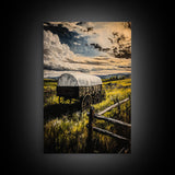 Prairie Wagon, Stormy Sky, Western Landscape, Framed Canvas Print, Rustic Wall Art, Barn Landscape Oil Painting, Farmhouse Art, Moody Art