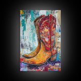 Western Boots, rustic wall art, abstract art, cowboy painting, farmhouse art, bold textured art, framed canvas print, vintage gift idea