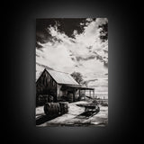 Vintage Barn, Rustic Landscape, Canvas Print, farmhouse art, rustic wall art, barn landscape oil painting, moody art, above couch art, wabi sabi art
