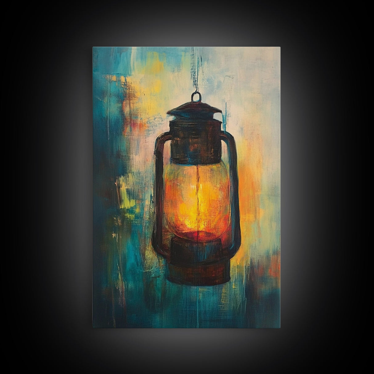 Lantern Glow, moody art, rustic decor, farmhouse art, warm light painting, southwest wall art, wabi sabi art, Framed Canvas Print