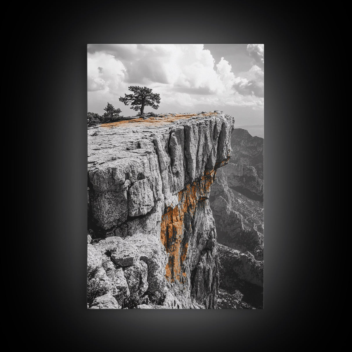 Cliffside View, Mountain Painting, Pine Tree Art, Nature Wall Art, Landscape Painting, Rustic Art, Framed Canvas Print, Moody Art