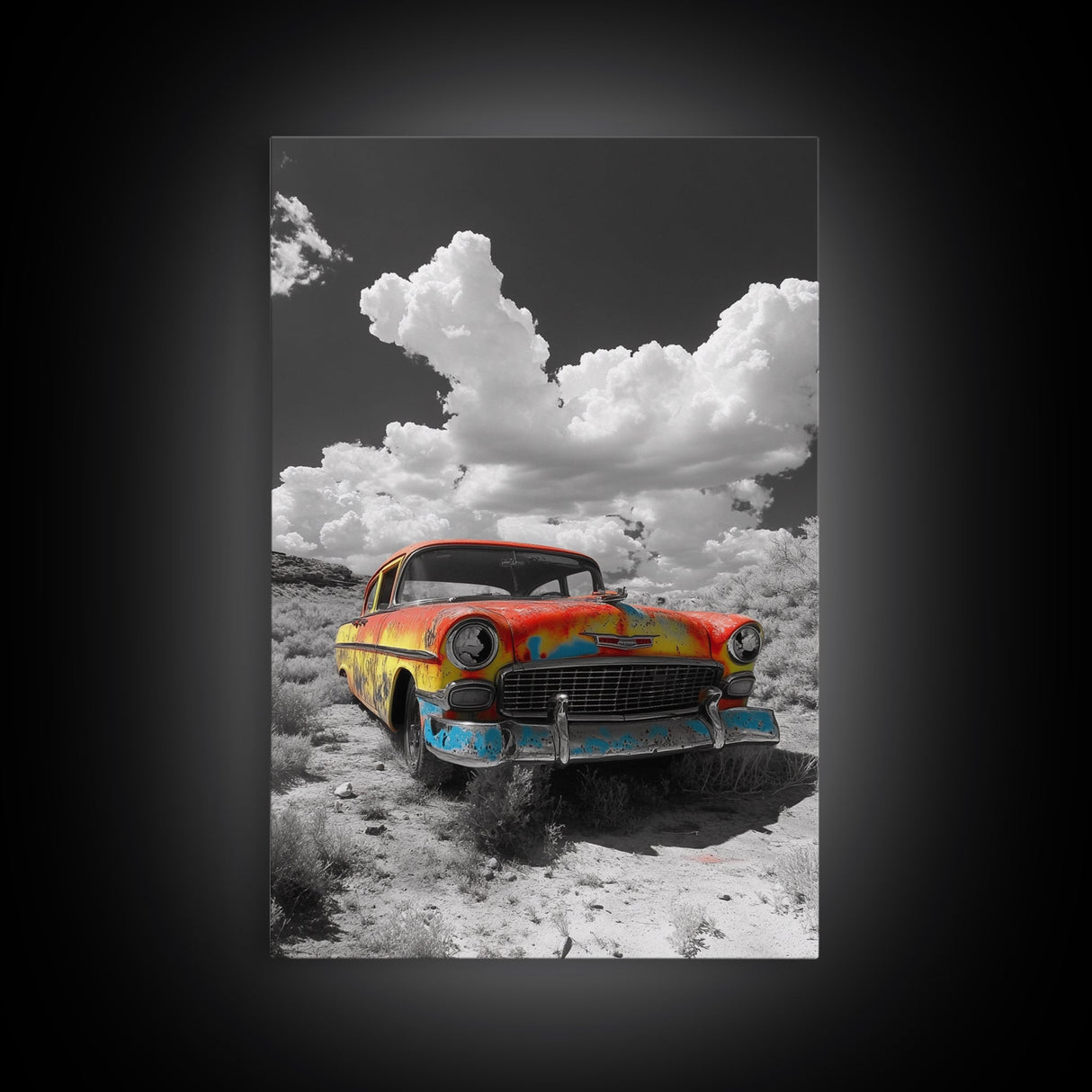 Vintage Car, Custom Car Painting, Graffiti Wall Art, Rustic Art, Old Car Scene, Moody Art, Framed Canvas Print, Landscape Art