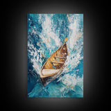 Wooden Boat in Waves, nautical painting, coastal decor, ocean waves art, seascape painting, framed canvas print, living room art, rustic art