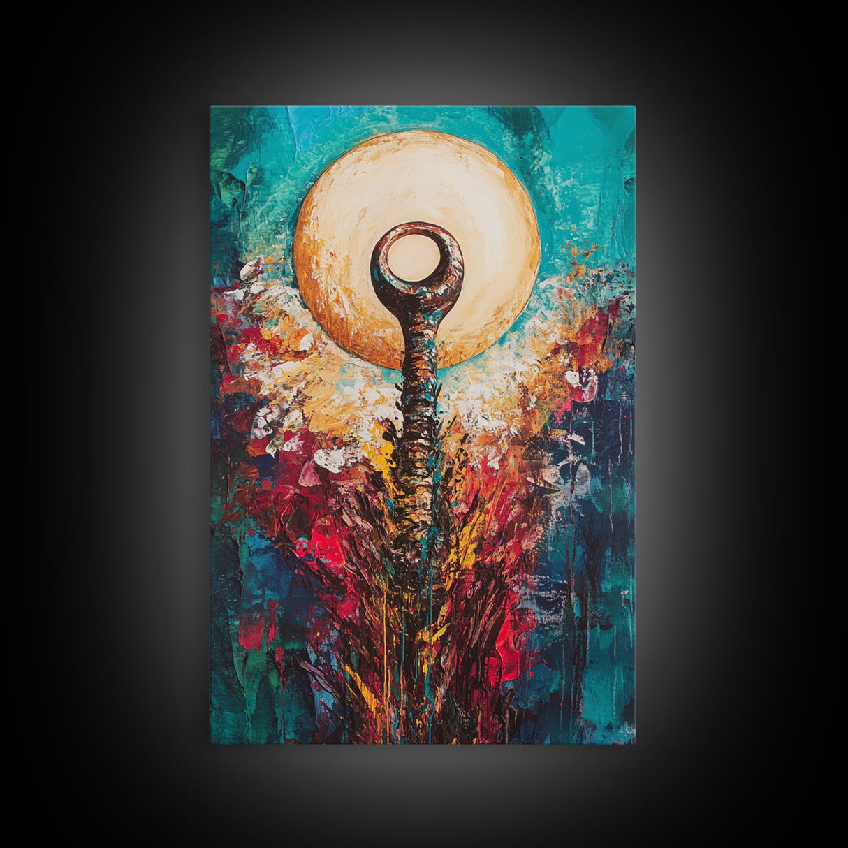 Sacred Symbol Artwork, sacred geometry wall art, abstract energy art, teal wall art, mystical artwork, framed canvas print, boho art, moody art