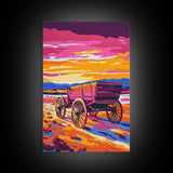 Sunset Wagon Art, pink orange wall art, Joshua tree art, rustic wall art, warm tones painting, framed canvas print, gift idea, extra wide art