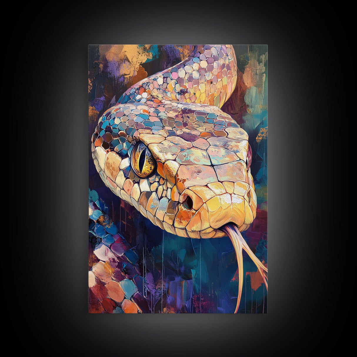 Moody Snake Art, Abstract Wildlife Painting, Colorful Serpent, Southwest Decor, Rustic Art, Framed Canvas Print, Unique Gift