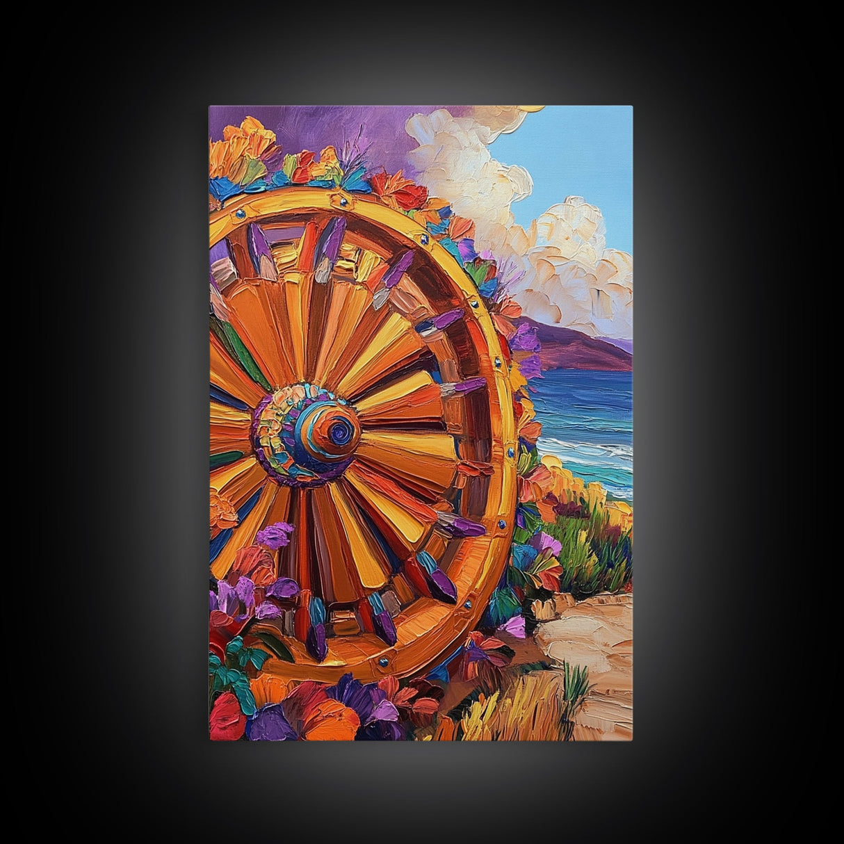 Wagon Wheel Art, Wildflower Painting, Rustic Wall Art, Framed Canvas Print, Boho Aesthetic, Southwest Decor, Farmhouse Art, Gift Idea