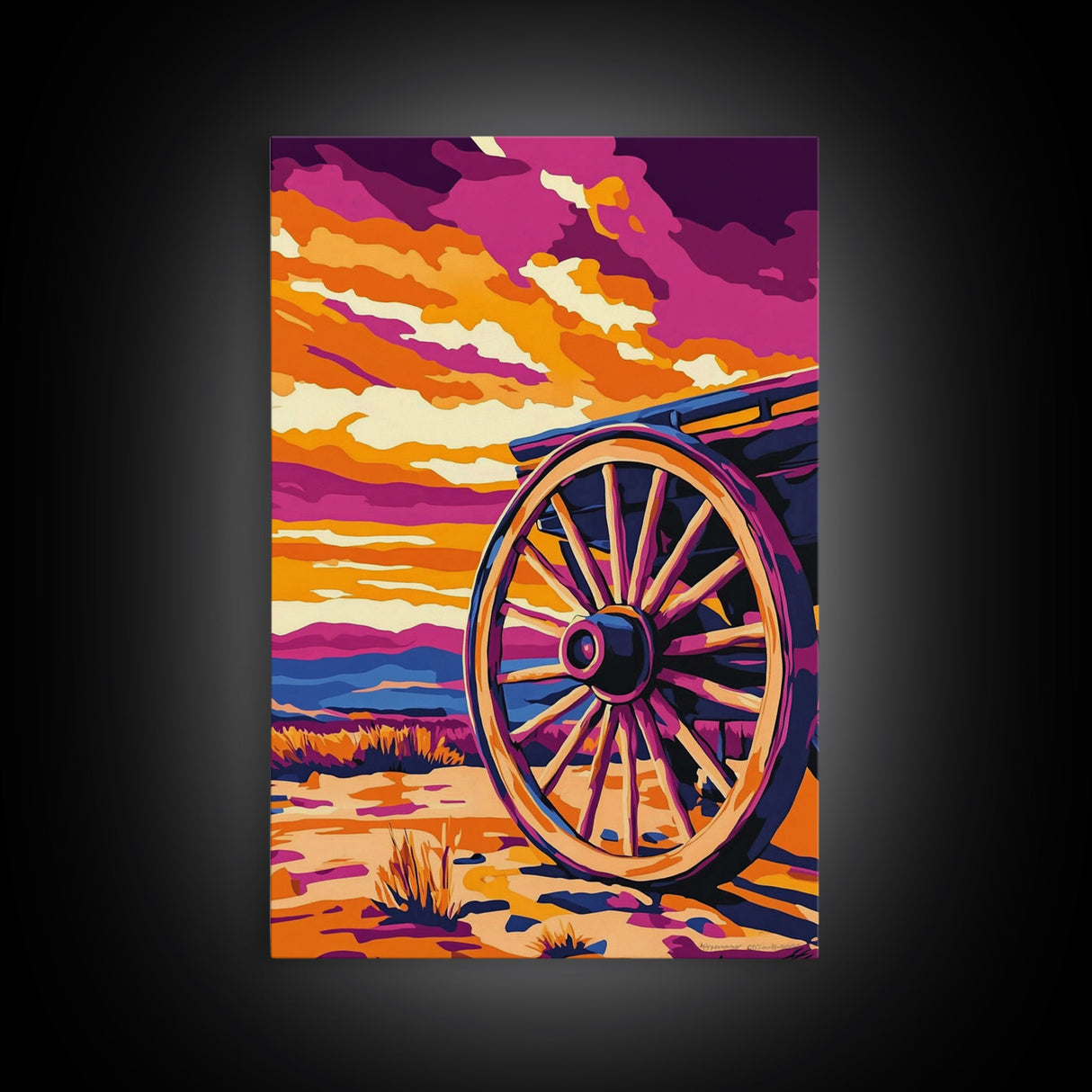 Vibrant Wagon Wheel, Pink Orange Wall Art, Boho Art, Framed Canvas Print, Southwest Aesthetic, Above Sofa Art, Rustic Decor, Gift Idea