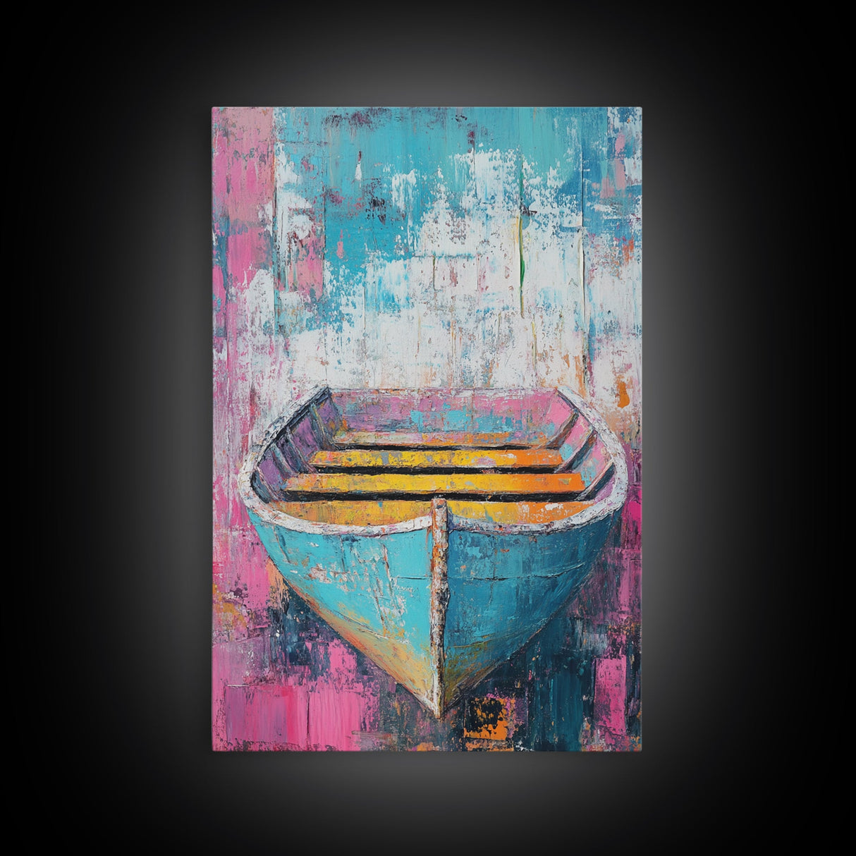 Blue Rowboat Painting, Nautical Painting, Coastal Wall Art, Rustic Decor, Extra Wide Art, Canvas Print, Farmhouse Art, Moody Art