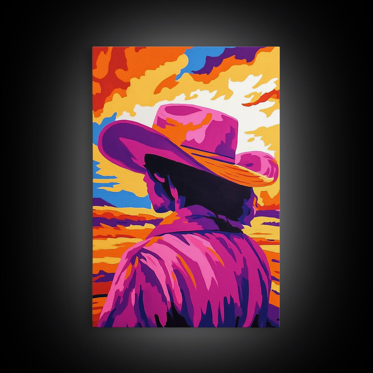 Vibrant Cowboy Painting, Chicano Art, Western Sunset Art, Pink Orange Wall Art, Afrocentric Wall Art, Canvas Print, Southwest Decor, Rustic Wall Art