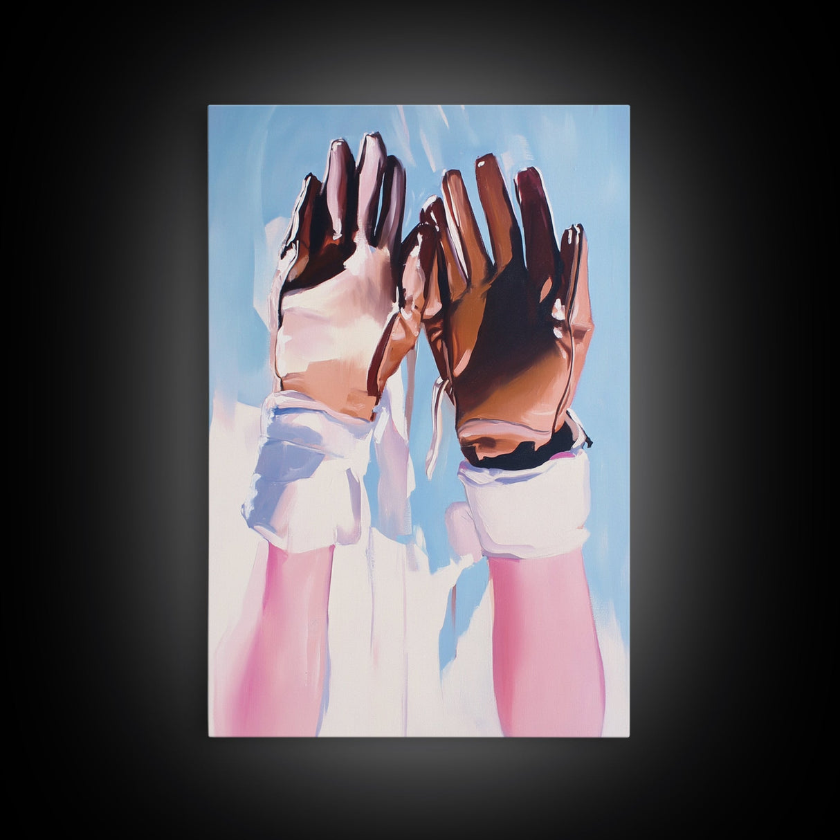 Leather Gloves Up, rustic wall art, cowboy art, boho art, wabi sabi art, warm neutral painting, above sofa art, Framed Canvas Print