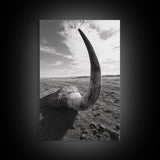 Lone Horn, desert minimalism, rustic western art, wabi sabi decor, moody photography, framed canvas print, black and white, southwest art