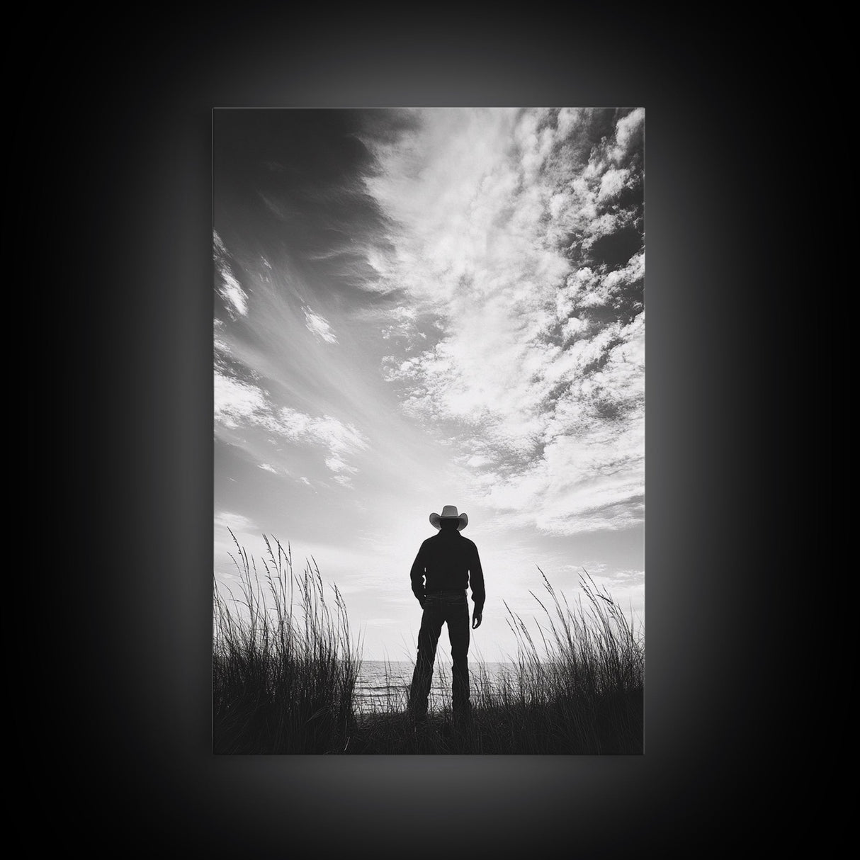 Lone Cowboy, coastal cowgirl wall art, moody art, western art, rustic decor, wabi sabi art, framed canvas print, extra wide art