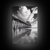Pier reflection, seascape painting, nautical decor, rustic wall art, black and white photography, extra wide art, framed canvas print